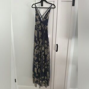 Navy Blue with Gold Floral Maxi Formal Dresses